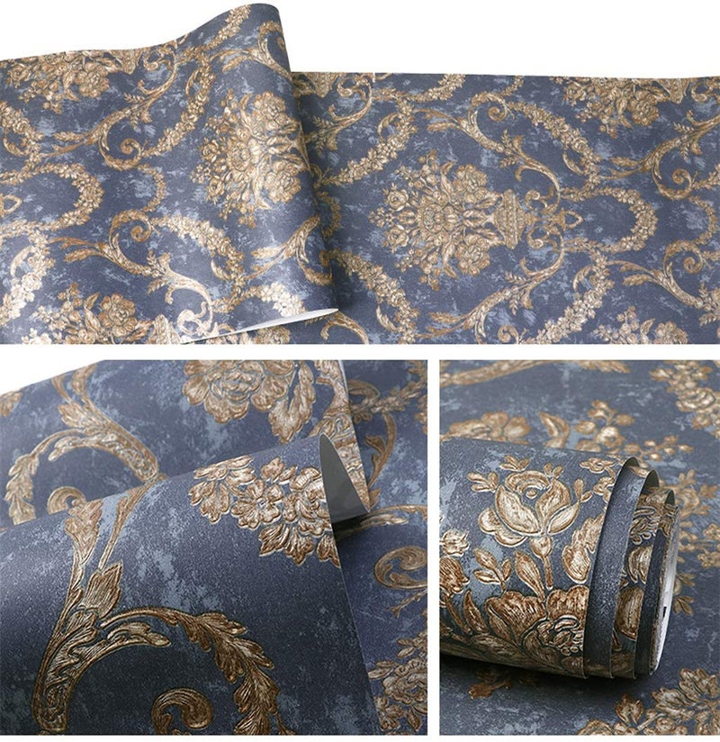 Blooming Wall Vintage French Damasks High Standard Textured Wallpaper Wall Paper for Livingroom Kitchen Bedroom,20.8 In32.8 Ft=57 Sq.ft (Blue Damasks1) - Image 5